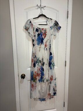 Ted Baker London White Floral Jamboree Pleated Off Shoulder High-Low Dress 3 (M)